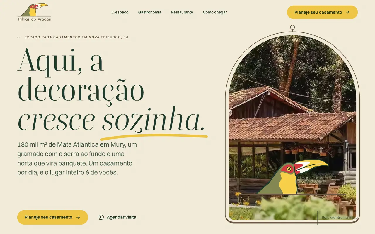 Página inicial do site Trilhas do Araçari, feito pela Sena Wave