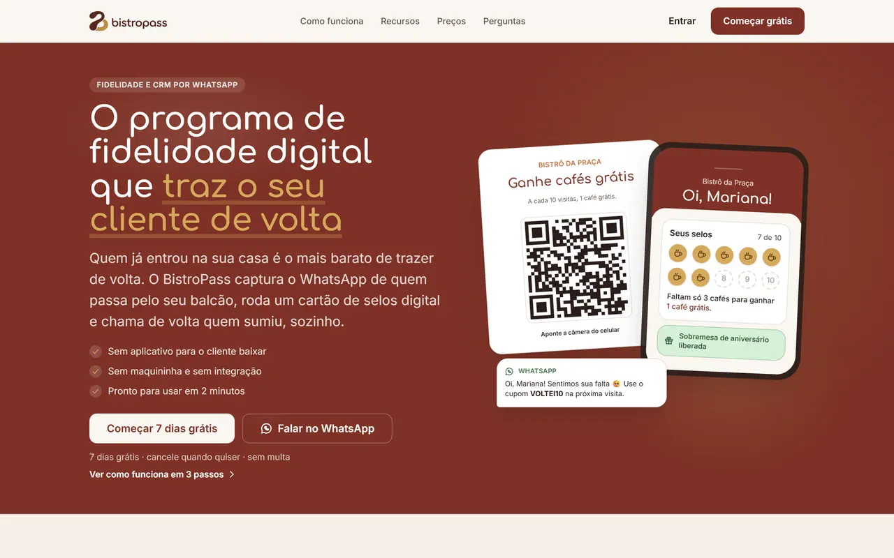 Página inicial do site BistroPass, feito pela Sena Wave