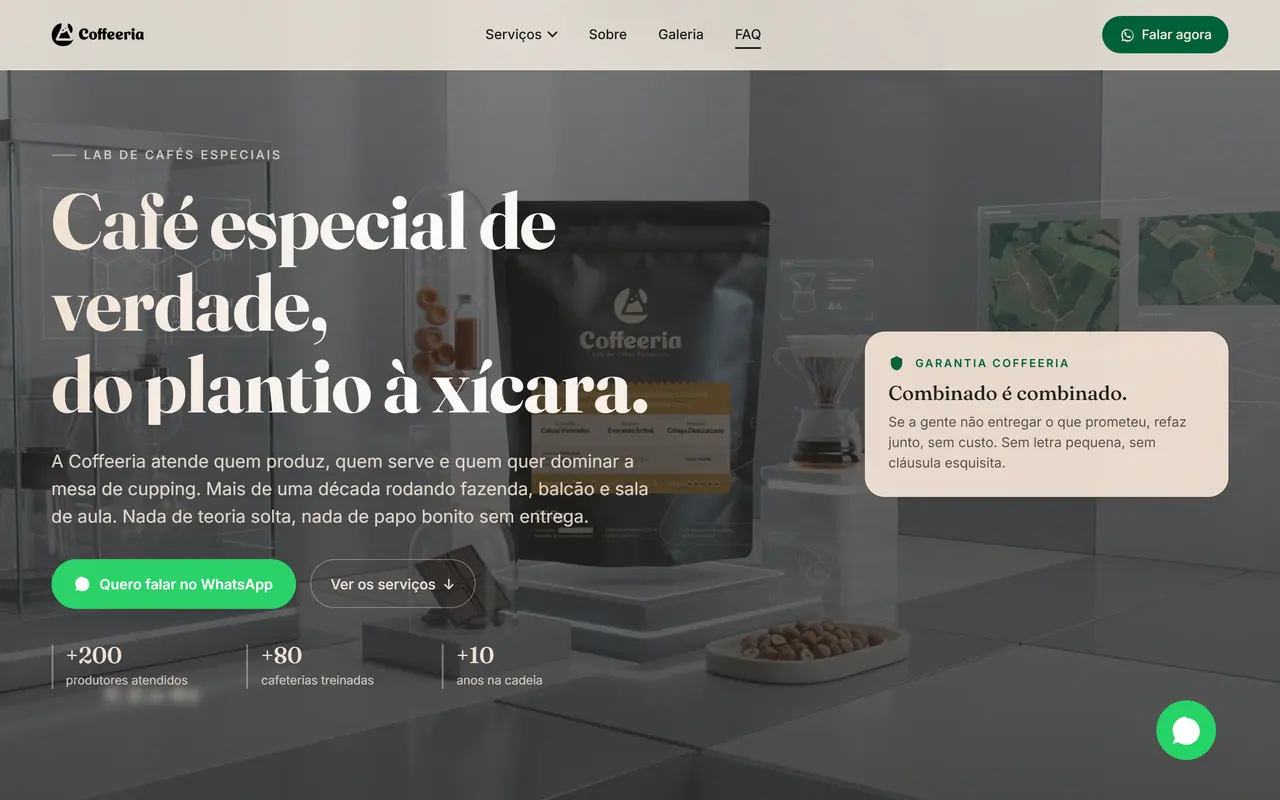 Página inicial do site Coffeeria, feito pela Sena Wave