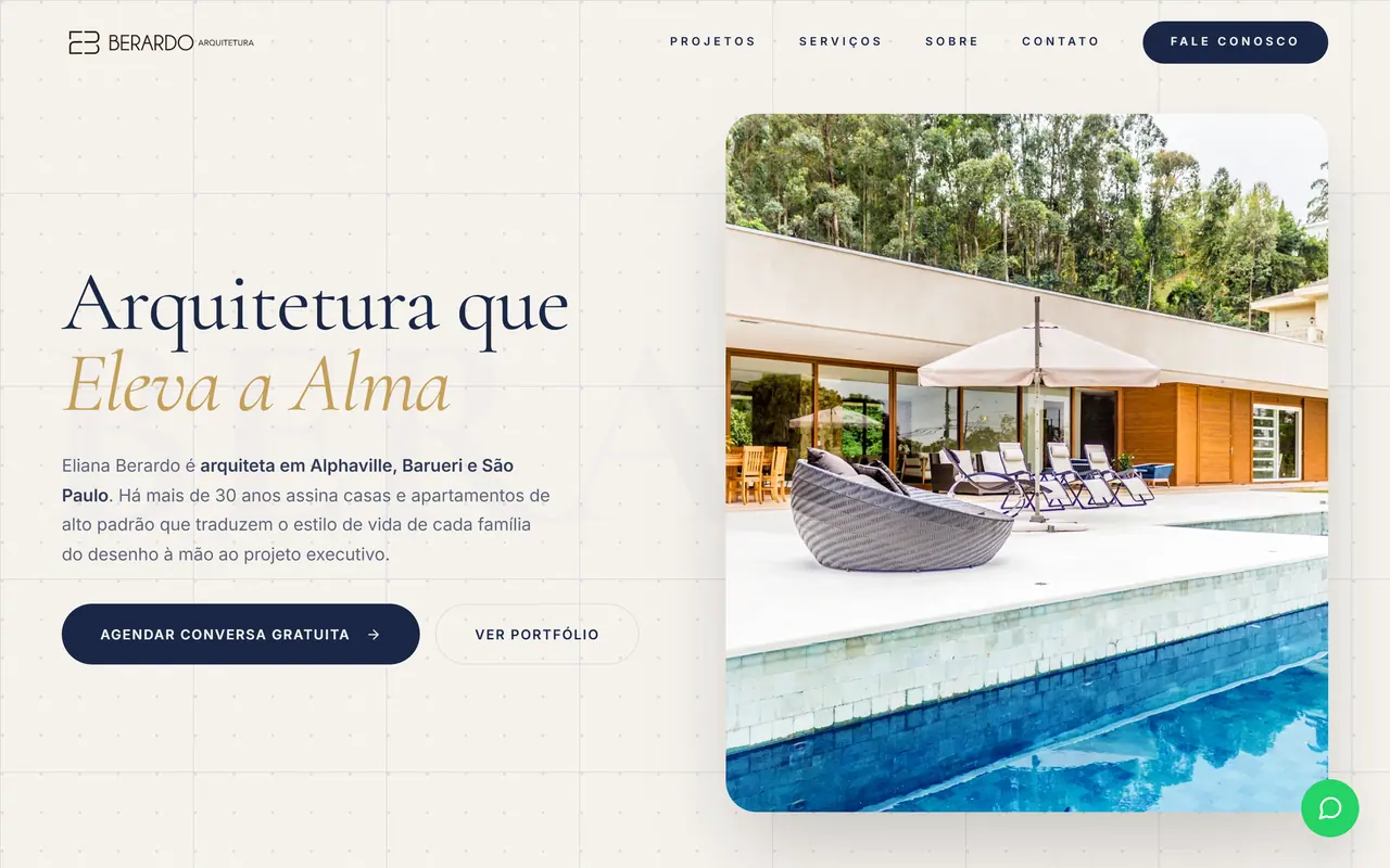 Página inicial do site Eliana Berardo Arquitetura, feito pela Sena Wave